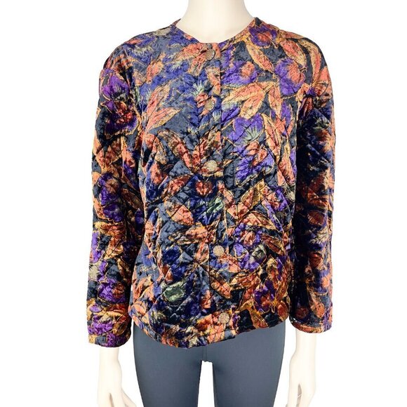 VINTAGE Made in France π«π· Quilted Velvet Floral Automnal Boxy Vest Jacket sz M-L - Picture 3 of 7